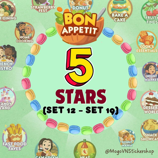 Bon Appetit 5 stars stickers (Set 12 to Set 19) Monopoly GO!